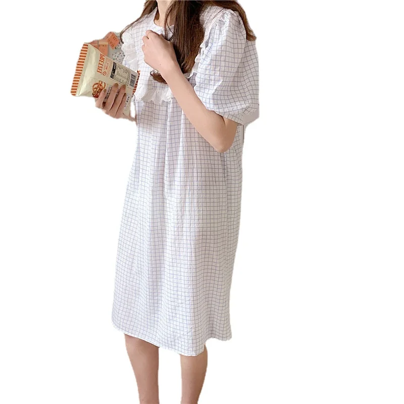 2021 Summer New Women's Pajamas Sets Household Suit Lace Nightgown Bubble Sleeve Cotton Nightwear Lady Sleepwear Sleeping Wear