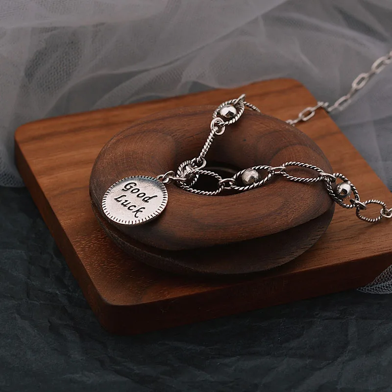 

Foxanry 925 Sterling Silver Sweater Necklace Creative Design Thick Chain Good Luck Round Card Trend Party Jewelry Couples Gifts