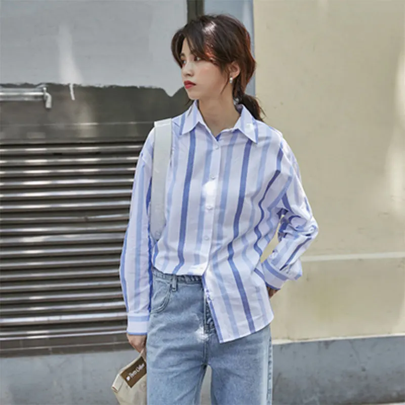 

New Arrival Spring Women Long Sleeve Loose Korean Blouse Simple Striped Casual Turn-down Collar Shirts Femme Tops M534