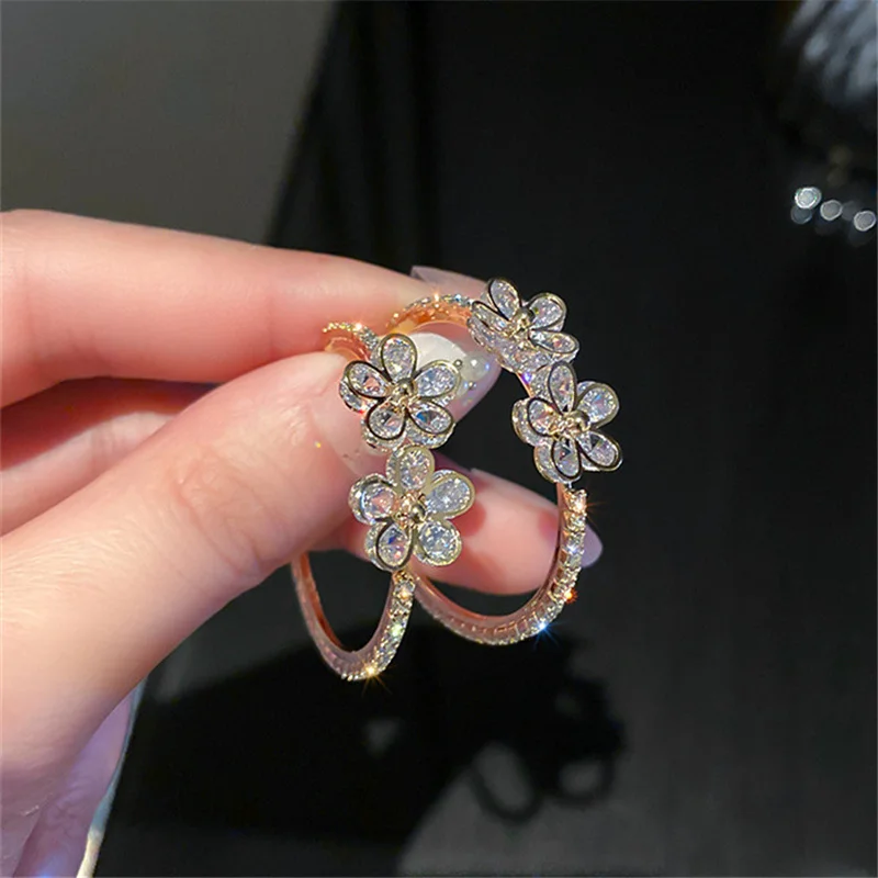FYUAN милые золотые серьги-кольца цветок геометрический Циркон Кристалл серьги для женщин эффектные ювелирные изделия