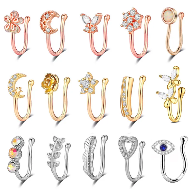 Медная бабочка поддельный пирсинг для носа клипса на сердце не кольцо цветок