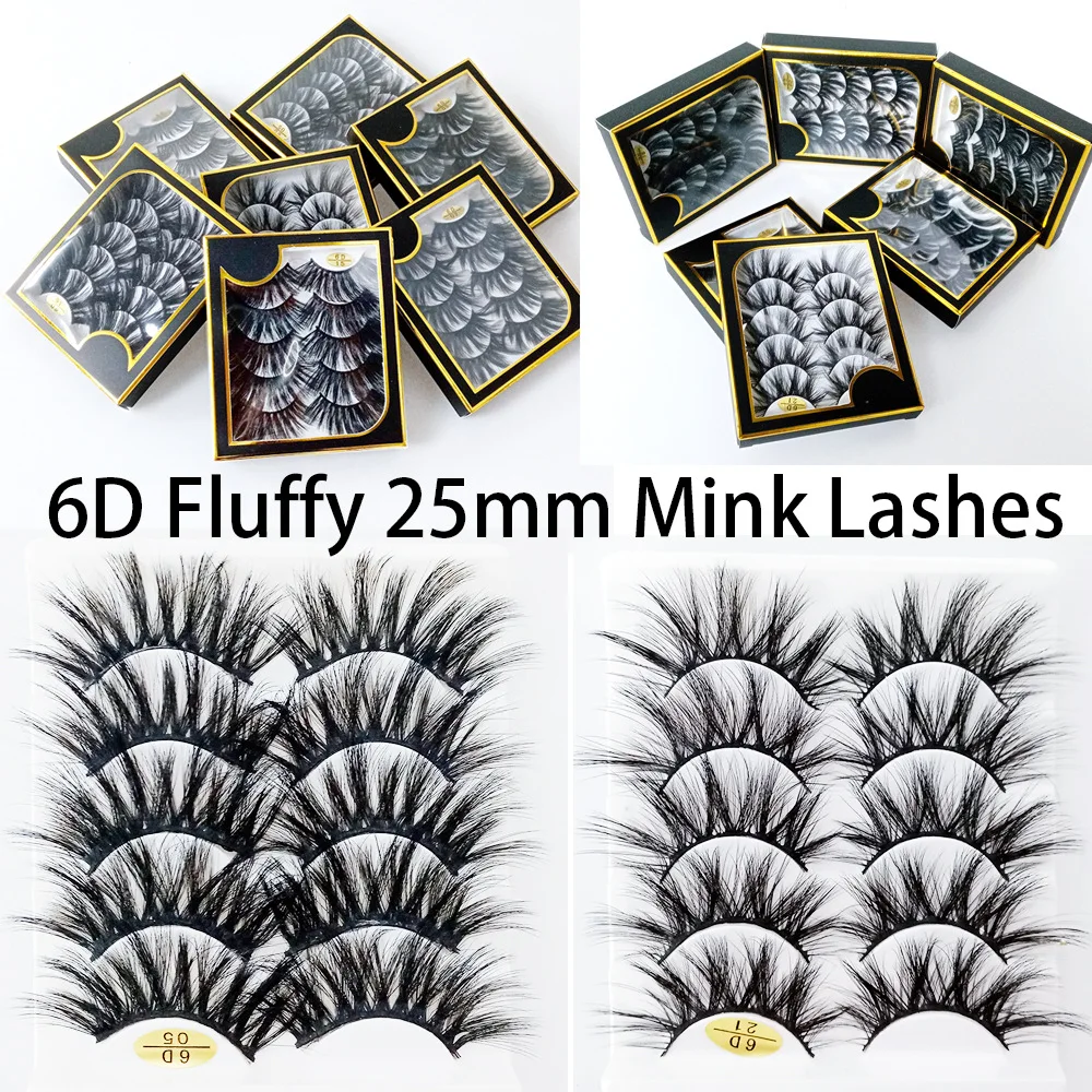

6D 25mm Fluffy False Eyelashes Makeup 5 Pairs Fake Mink Long Curly Lashes Natural Female Eyes Make Up Accessories Cosmetic Tools