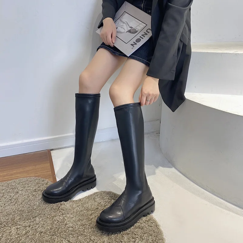 

Women's Sexy Calf High Motorcycle Boots Round Toe Thick Bottom Soft Leather Design Lace Up 2021 New Trend Ladies Shoes2021