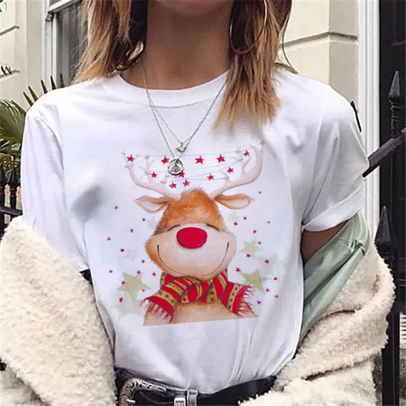 

2021 Summer Ladies T-shirt Fashion Merry Christmas Cute Deer T-shirt Harajuku Short Sleeve Shirt Ladies Casual Oversized T-shirt