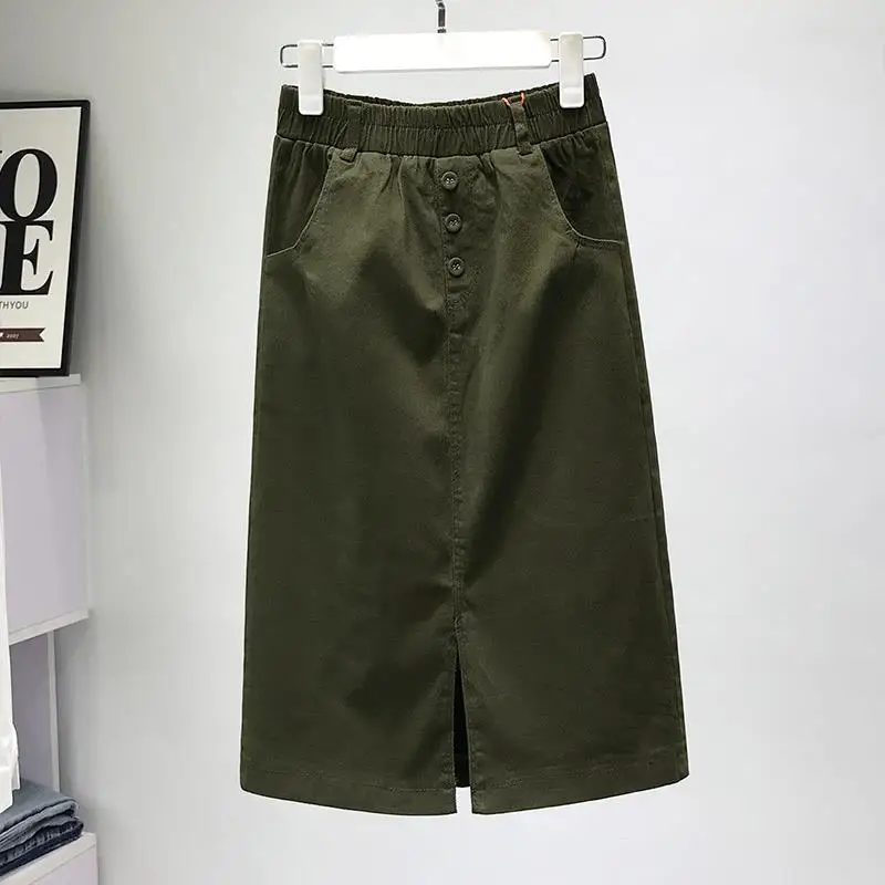 

2021 Women Spring Elegant Loose Skirt Lady Chic Button Elastic High Waist Denim Skirt Female Casual A-Line Plus Size Faldas K260