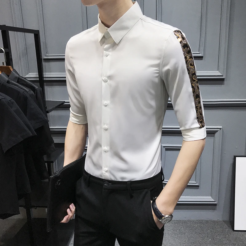 

Summer Men's Shirts Half Sleeve Patchwork Sequin Dress Shirt for men black white handsome nightclub Slim camisa masculina sale