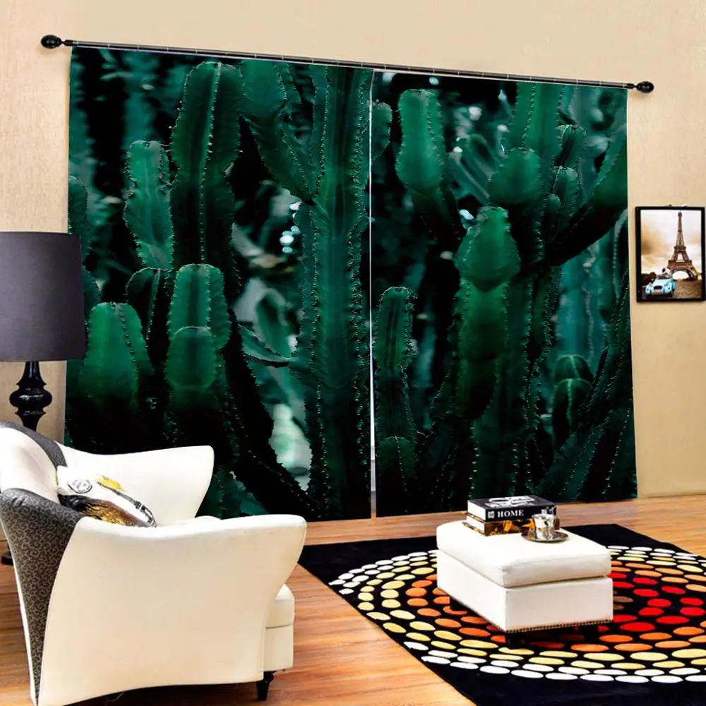 

High quality custom 3d curtain fabric Nature Green cactus photo print 3d curtain Garden Door curtain