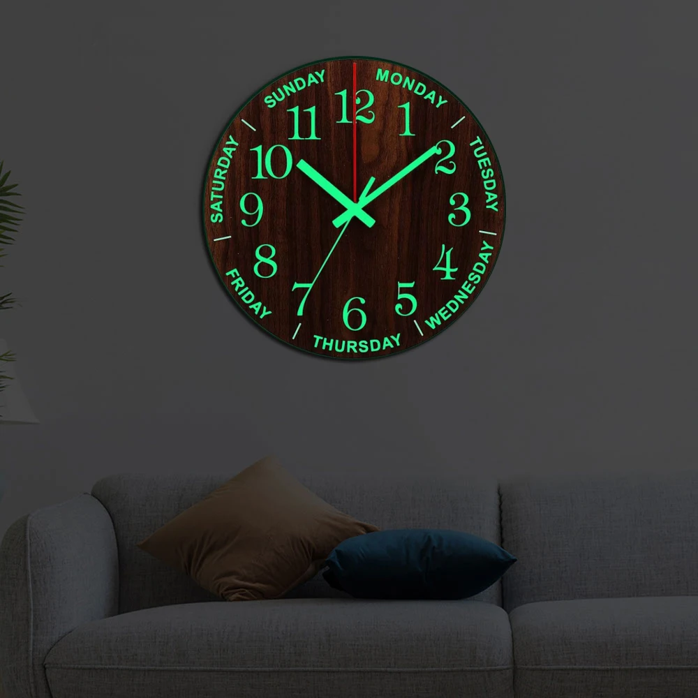 

New Wooden Wall Clock Luminous Week Monday Tuesday Number Hanging Clocks Dark Glowing Modern Quiet Watches Home Decor