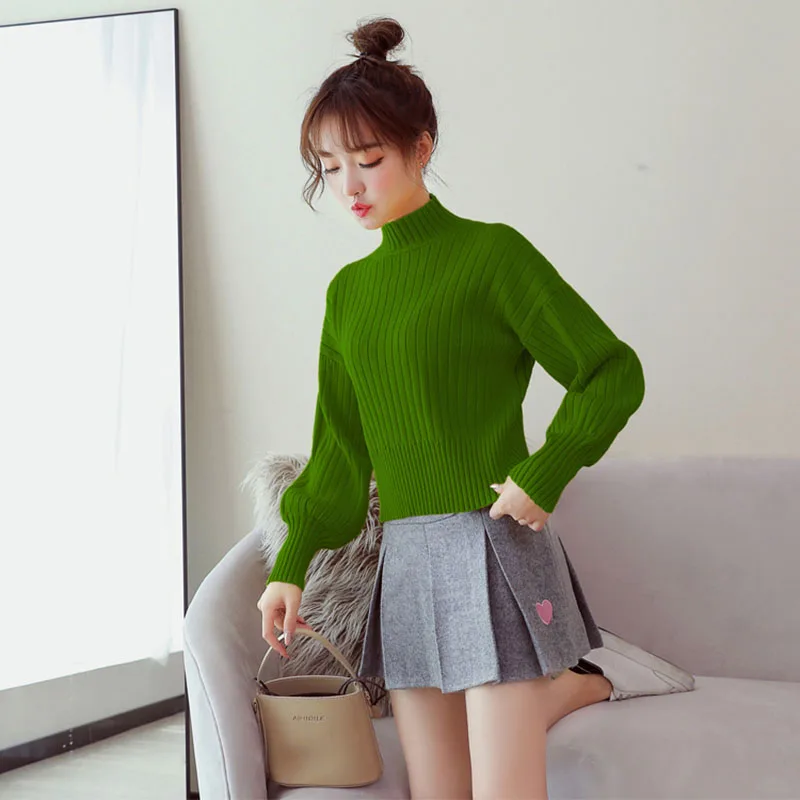 

2020 Fall Female Pullover Solid Color Loose Short Sweater Women Student Long Sleeve Sweet Casual Knitted Jumper Tops