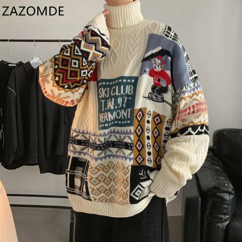 zazomde 2021 winter men turtleneck sweaters christmas ski bear knitted pullovers casual sweaters male knitwear hip hop pullovers free global shipping