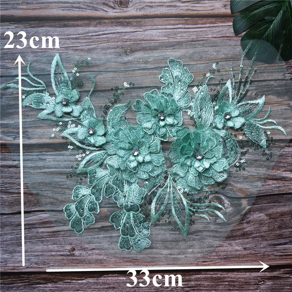 Мятно зеленый 3D цветок ткань из листового Кружева стразы с блестками вышитые
