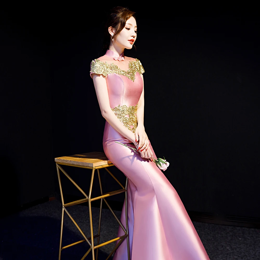 

Chinese Style Women Cheongsam Pink Sexy Slim Qipao Mermaid Full Length Traditional Stage Show Dress bride cheongsam