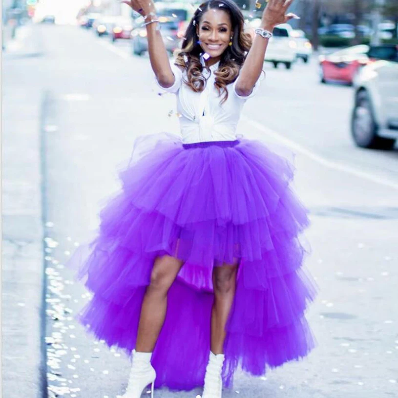 

Unique Purple High Low Tulle Skirts Women Custom Made Elastic Long Puffy Tulle Skirt For Party Bridal Bridesmaid Tulle Skirt