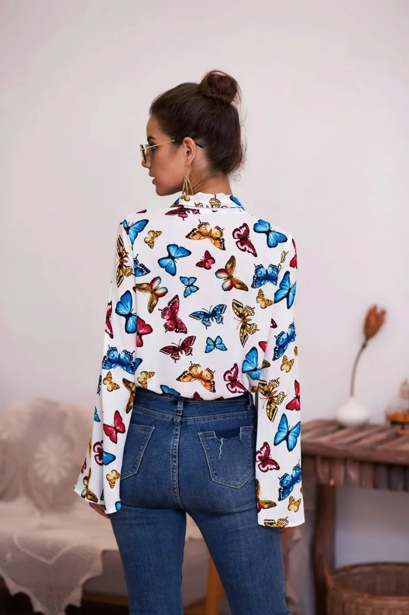 

Slim Women Long Sleeve Blouses Fashion Ladies Elegant Butterfly Pattern Vintage Tops And Blouses Autumn Women Drawstring Blouses
