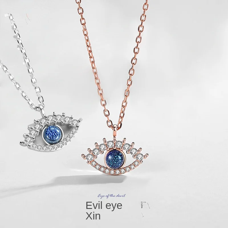 

Real 925 Sterling Silver Fashion Woman Jewelry Zircon Devil Eye Necklace Pendant Rose Gold Temperament Crystal Clavicle Chain