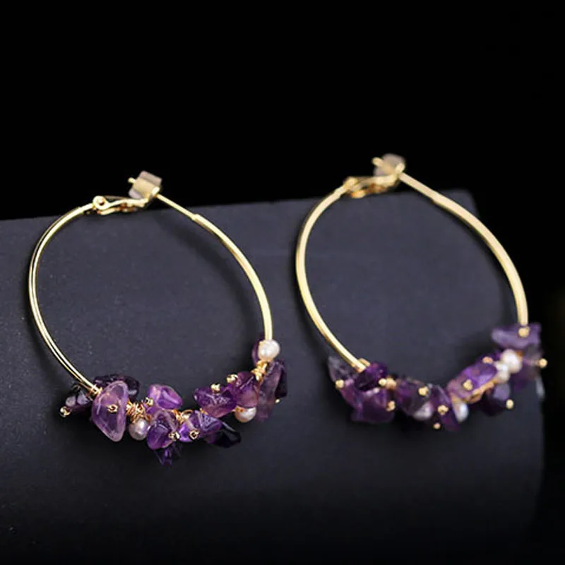 Женские серьги-кольца с натуральным камнем и кристаллами в богемном стиле 2020 |