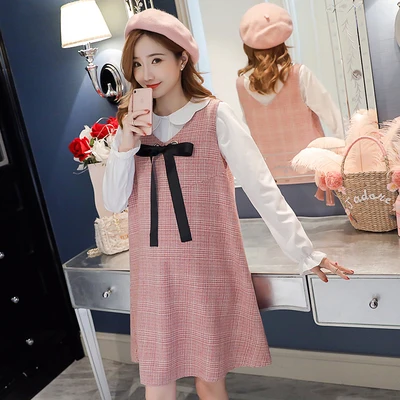 6596 Pink 6596# 2PCS/Set Autumn Korean Fashion Maternity Dress Sweet Lovely Straight Loose Clothes for Pregnant Women Fall Pregnancy - Color: 6596 Pink