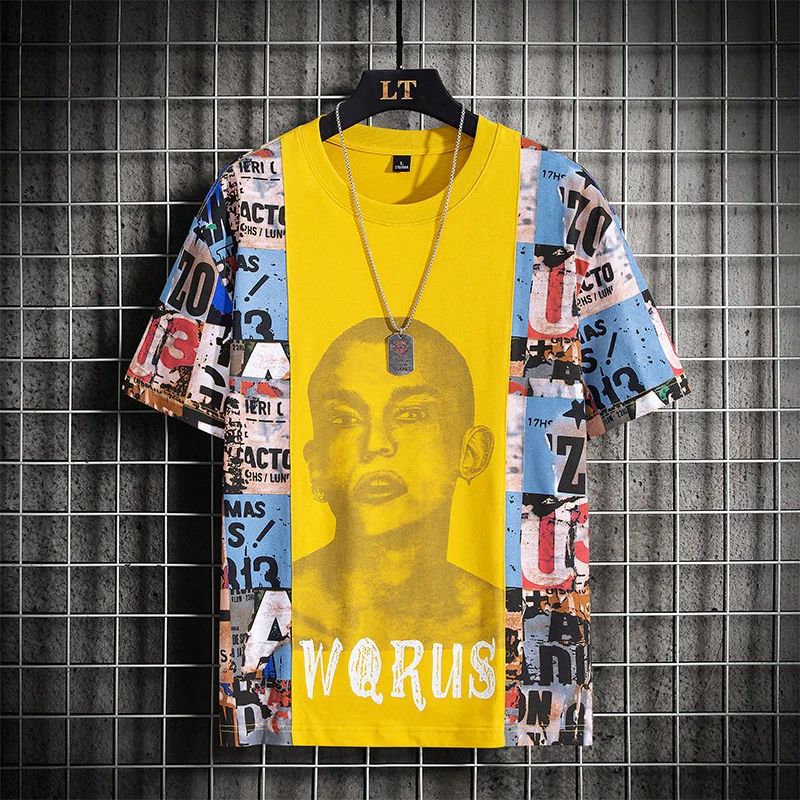 

Футболка мужская с коротким рукавом, свободная повседневная короткая рубашка с принтом, в британском стиле, с прострочкой, большие размеры, ...