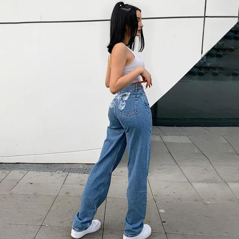 

2021 Butterfly Print High Waist Jeans Woman Denim Pants Capris Pocket Long Straight Trousers Ladies 90s Vintage Streetwear