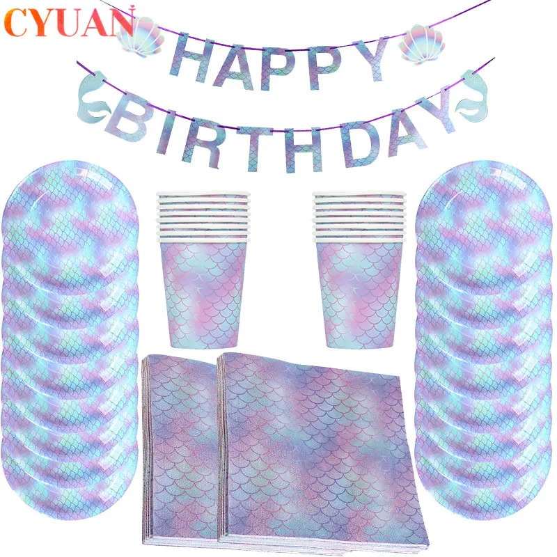 53Pcs Little Mermaid Birthday Party Decorations Sets Tableware Kit Under the Sea Party Supplies Baby Shower Wedding Party Favors
