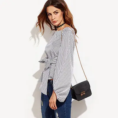 Fashion Striped Off Shoulder Shirt Blouse Formal Style Female Top Women Ladies Bowknot Long Sleeve Tunic Kimono Blouses | Женская одежда