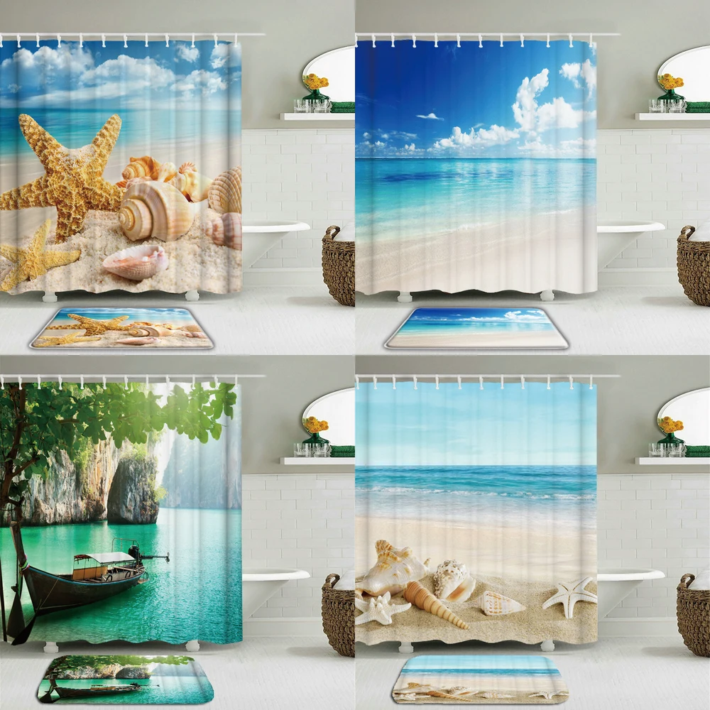 

2pcs/set Sea Beach Shell Ocean Shower Curtains Set Bathroom Waterproof Polyester cloth + Non-slip Mat Toilet Bathroom Home Decor