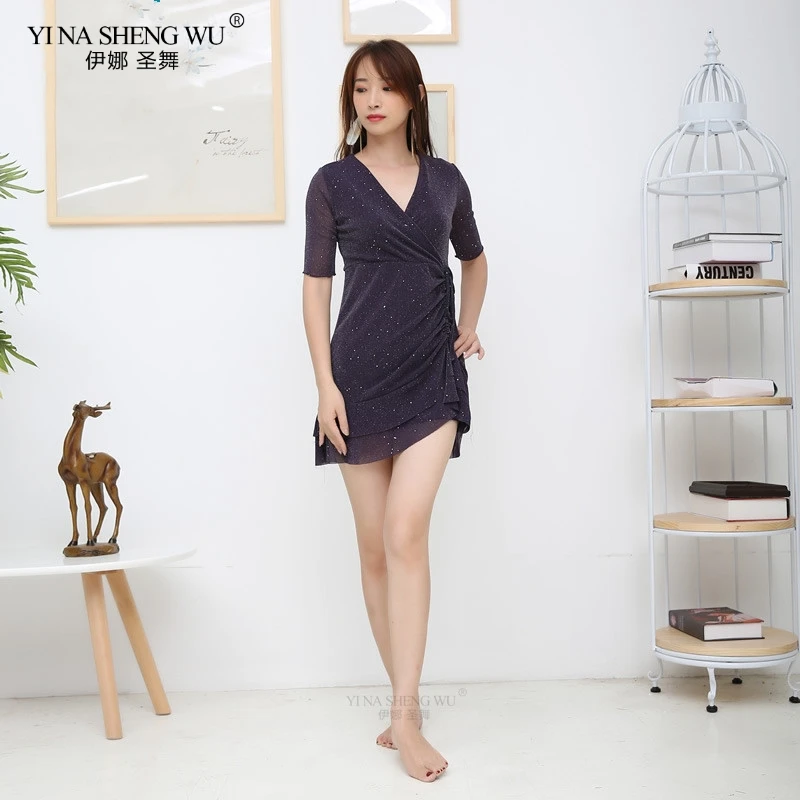 

Женский цельный костюм для танца живота, костюм с юбкой с коротким рукавом и V-образным вырезом для восточных танцев