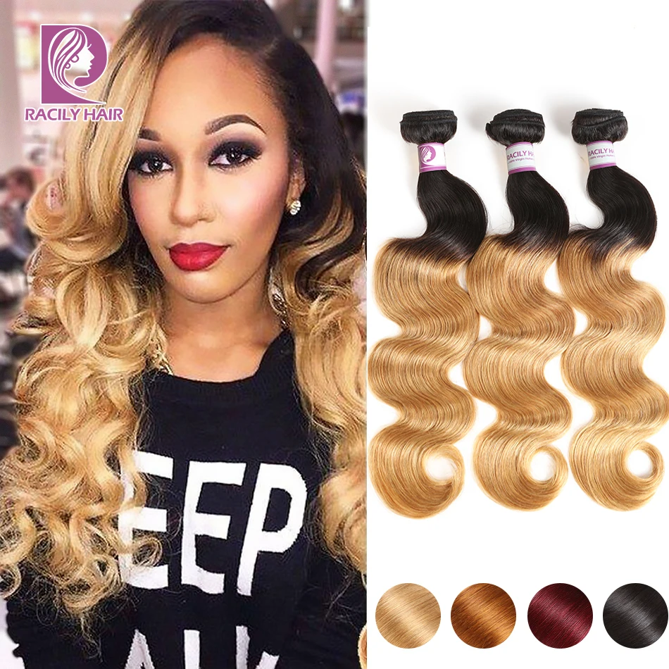 

Racily Hair T1B/27 Ombre Brazilian Body Wave Hair Honey Blonde Ombre Human Hair Extensions 1/3/4 Bundles Remy Hair Weave Bundles