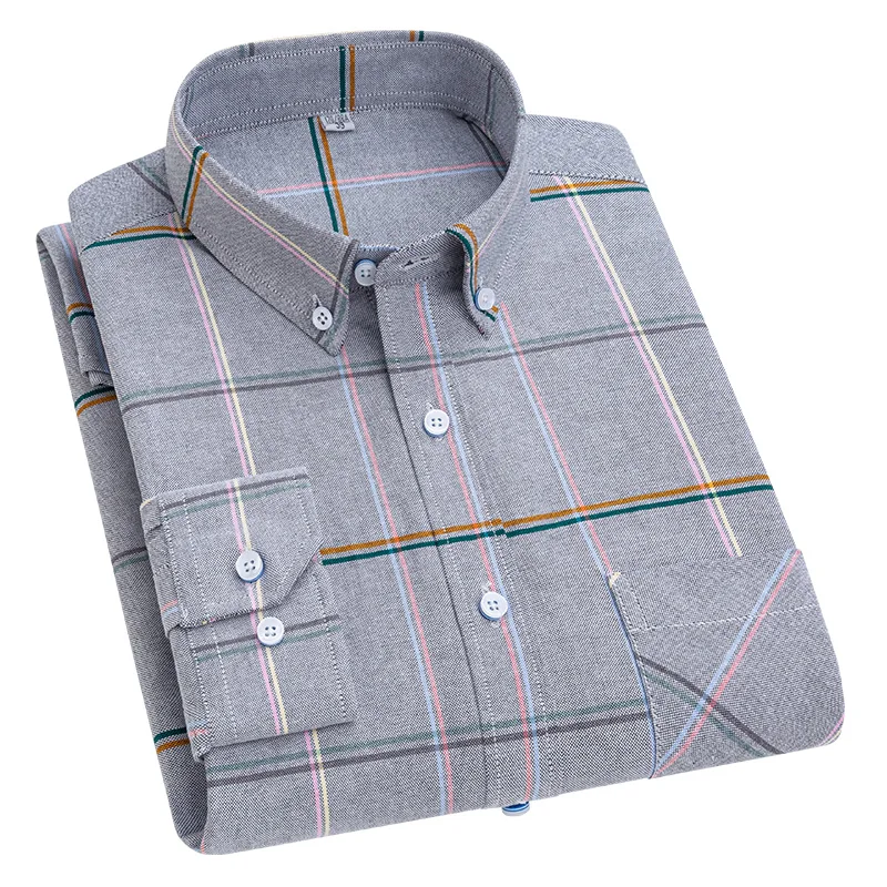 S-6XL New Men's Long Sleeve Oxford Plaid Casual Shirt Front Patch Chest Pocket Regular-fit Button-down Collar Thick Work Shirts