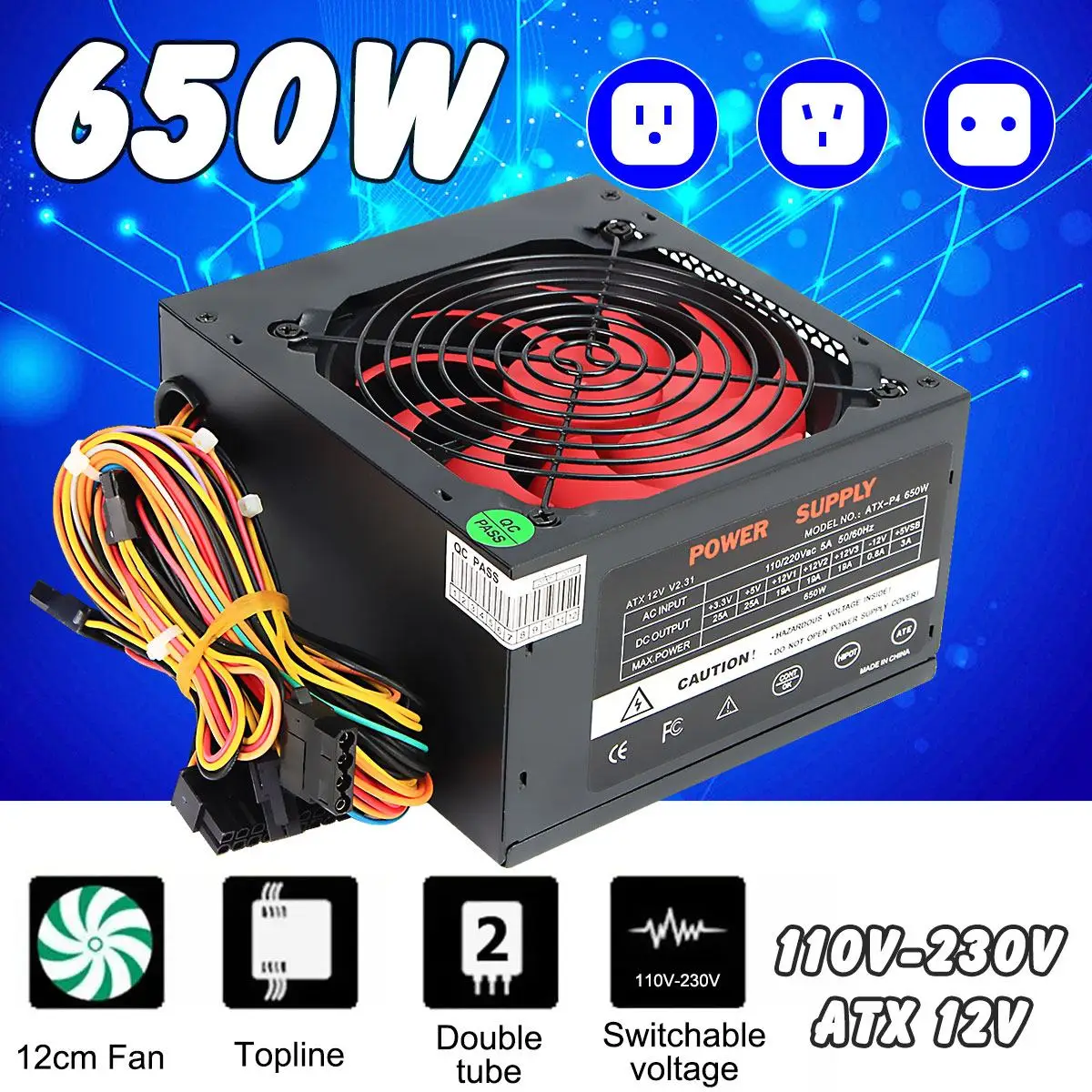 

650W PC Computer Power Supply Computer PC CPU Power Supply 20+4-pin 12cm Fans ATX 12V Molex PCIE w/ SATA PCIE