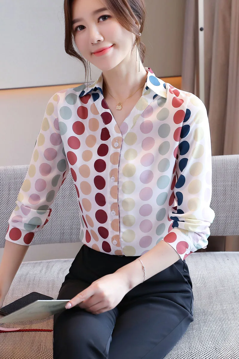 

COIGARSAM Chiffon blouse women New Spring Polka Dot Turn-down Collar blusas womens tops and blouses 6157