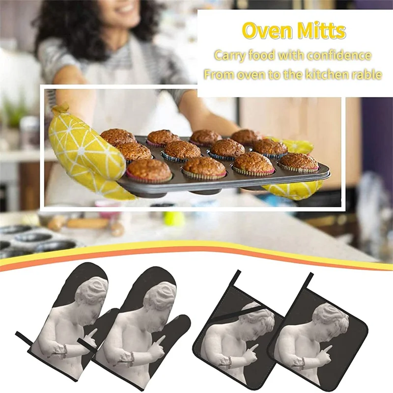 

Oven glove and pot holder set heat-resistant 4-piece set, kitchen utensils non-slip insulating gloves for baking and cooking