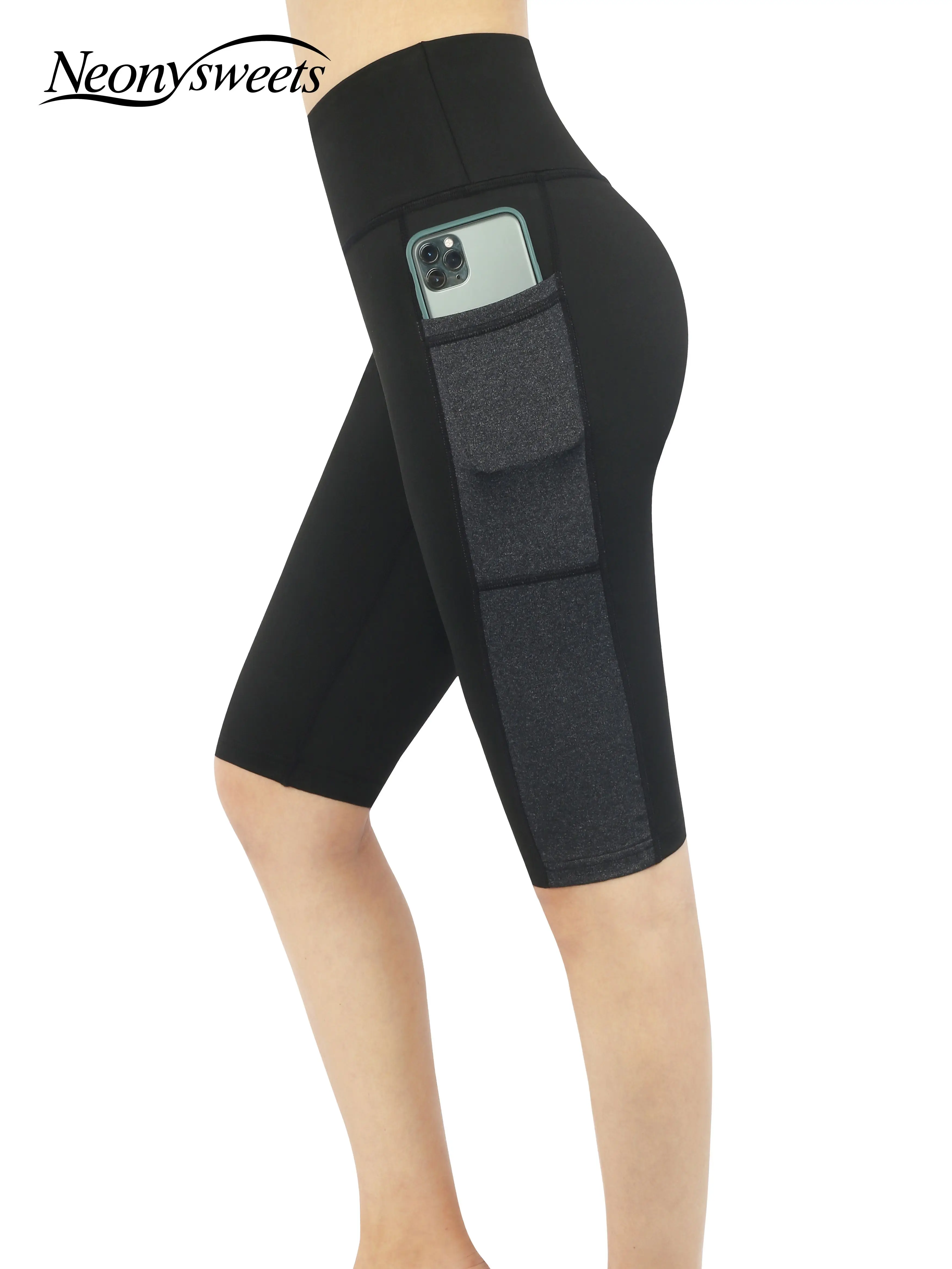 

Neonysweets High Waist Sports Yoga Shorts with Pockets Seamless Tummy Control Workout Running Short Pants Athletic Gym Leggings
