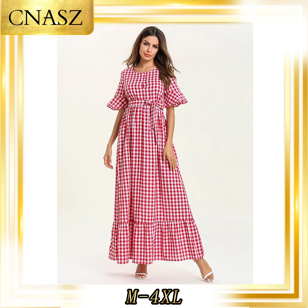 Женское платье с рюшами R Abaya свободное тонкое в клетку короткими рукавами