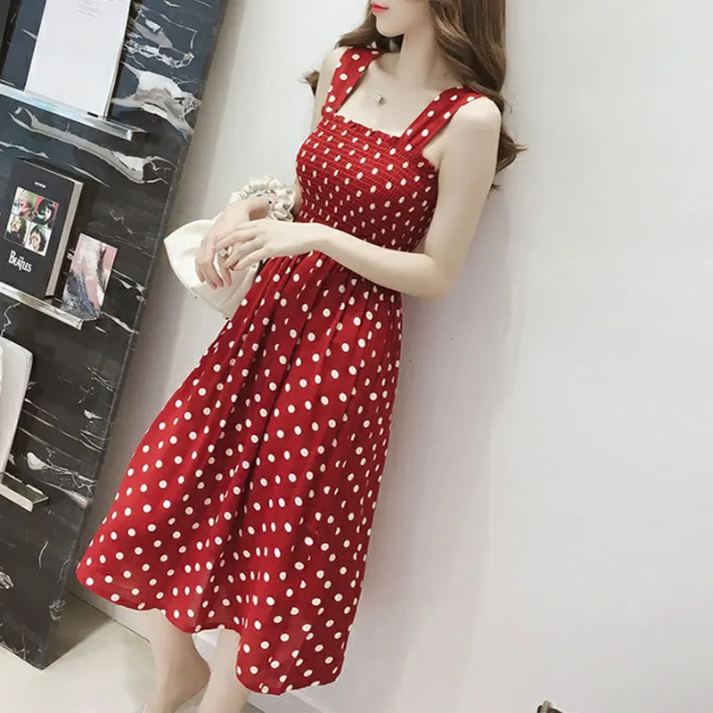 

Dress Women Dot Spaghetti Strap High Waist Slim Korean Style Summer Dresses Womens Sleeveless Ladies Slash Neck Mid-Calf Chic