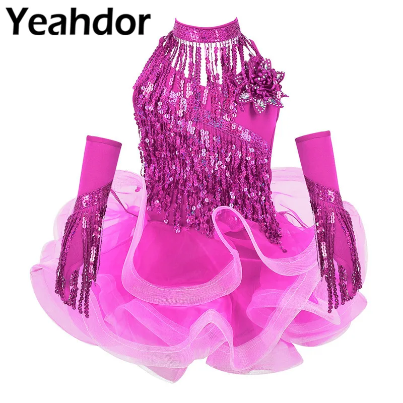 Детское платье пачка для латинских танцев без рукавов с блестками и кисточками
