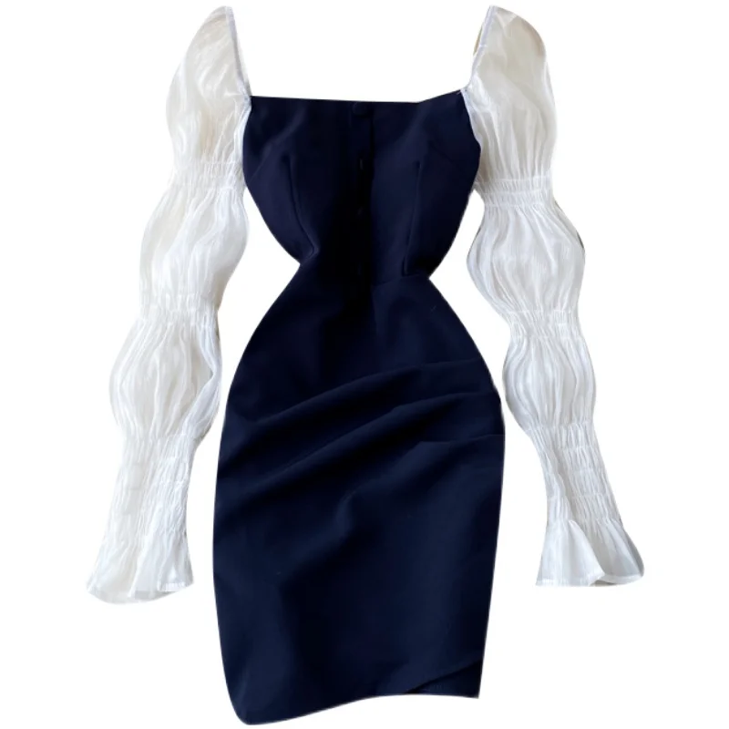 

2020 Spring Summer Korea Fashion Women Elegant Sexy Square Collar Puff Sleeve Mini Dress Vestido Midi Elegante J131