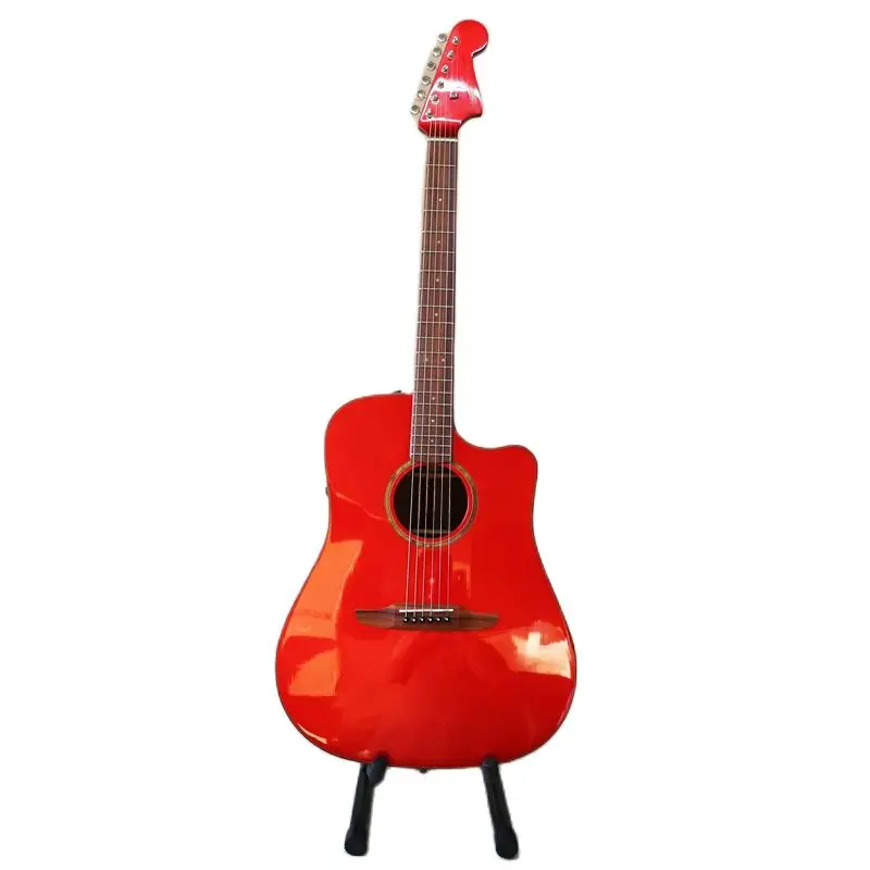 

Full solid wood acoustic guitar 41 inch acoustic electric guitar red color high gloss 6 string folk guitar with EQ