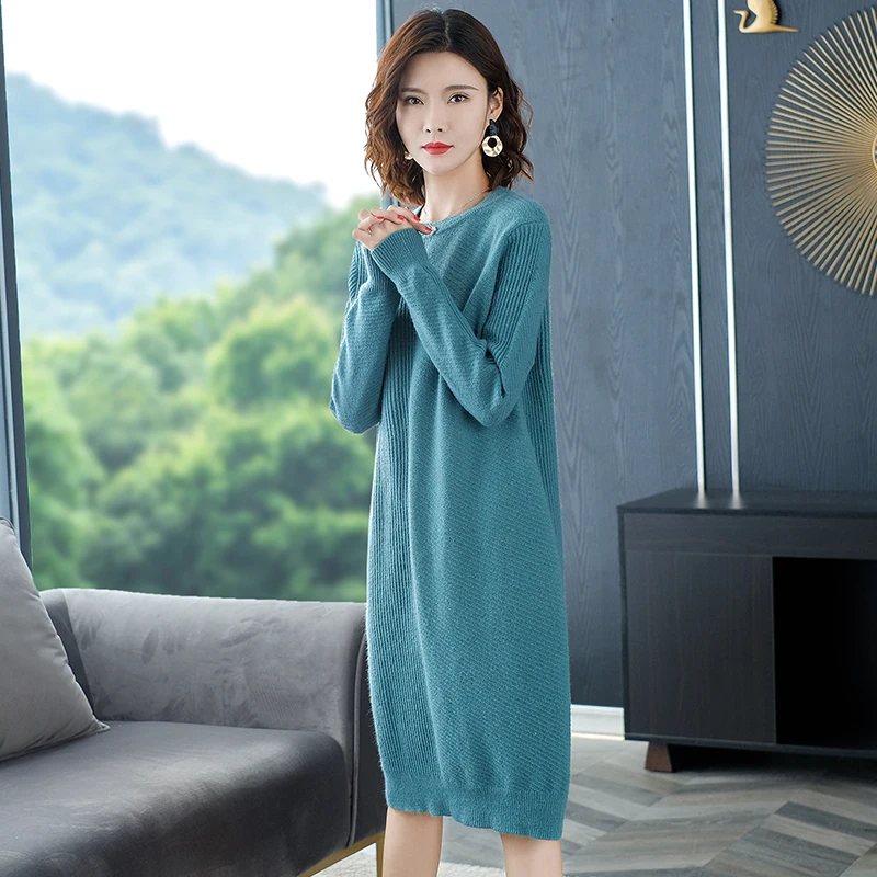 Женское кашемировое платье с круглым вырезом теплое длинное трикотажное