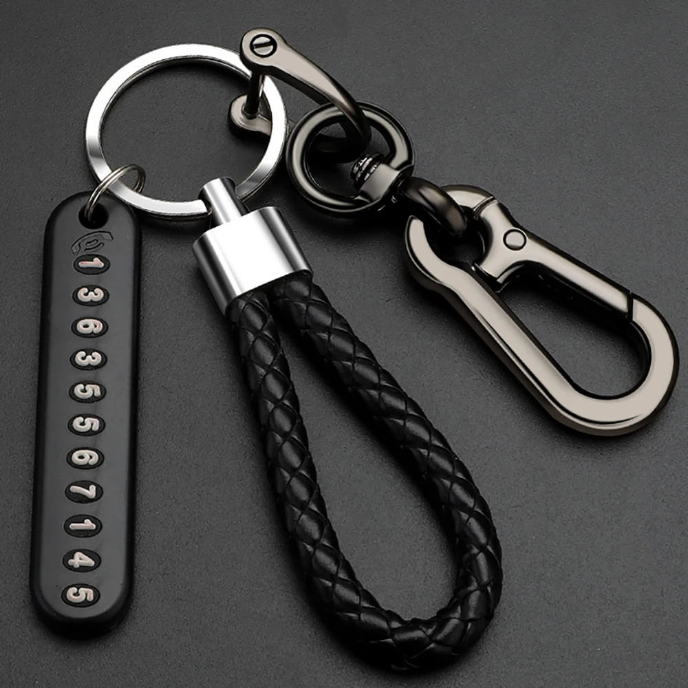 

Anti-lost Car Keychain Phone Number Card Keyring Leather Bradied Rope Auto Vehicle Key Chain Holder Accessories Gift for Husband