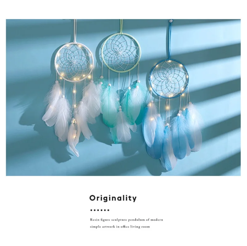 

Dream Catcher Handmade Feathers Ornament Wall Car Hanging Decor with String Light