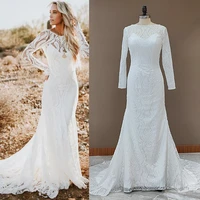 lace bateau long sleeves boho wedding dress backless plus size plus size boho custom made rustic photoshoot mermaid bridal gown