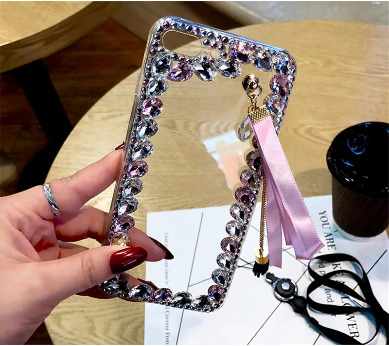 PINK Стразы Funda для Oneplus 7 pro 7 6 6T 5 5T 7Tpro чехол 3D прозрачное стекло камень лента кисточка ручной работы Telefon Kilifi чехол для телефона - Цвет: PINK