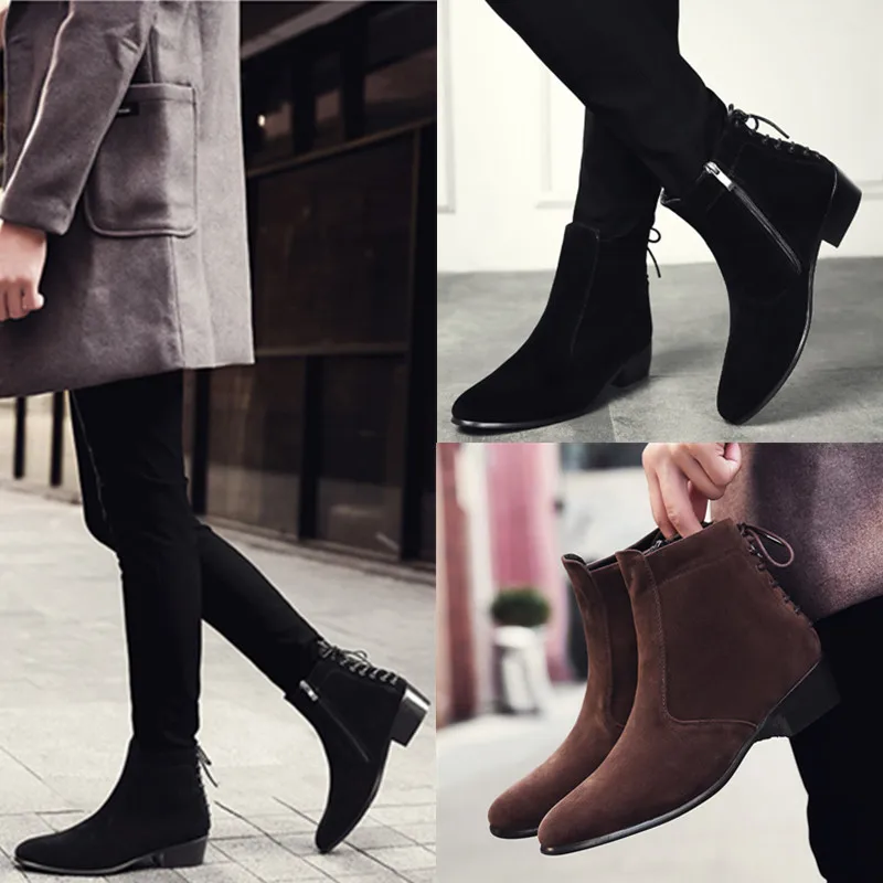 Замшевые Кожаные мужские ботинки Зимние ботильоны модная обувь на молнии