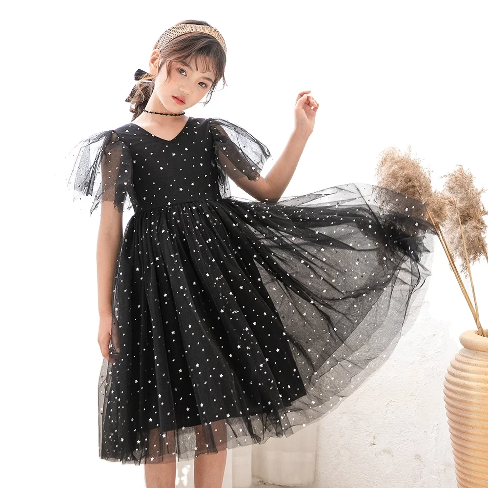 Girls Starry Sky Voile Dresses Cotton Lining Kids Clothes Boutique Summer Wedding Birthday Party Prom Princess V-neck Lace Dress