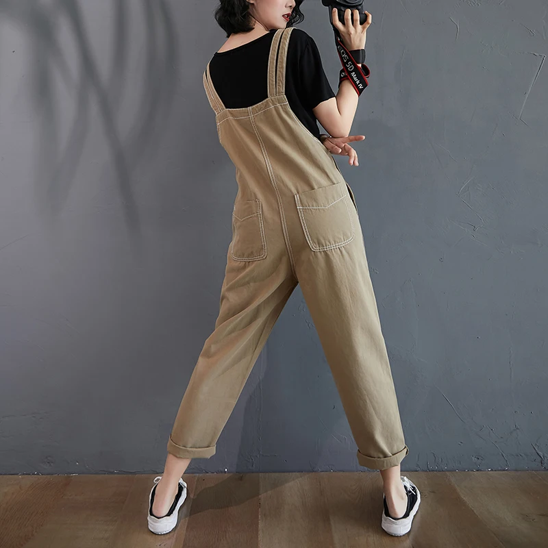 #1522 Khaki Red Denim Overalls For Women Vintage Casual Pencil Harem Jumpsuit Ladies Plus Size Denim Suspender Jumpsuits Summer