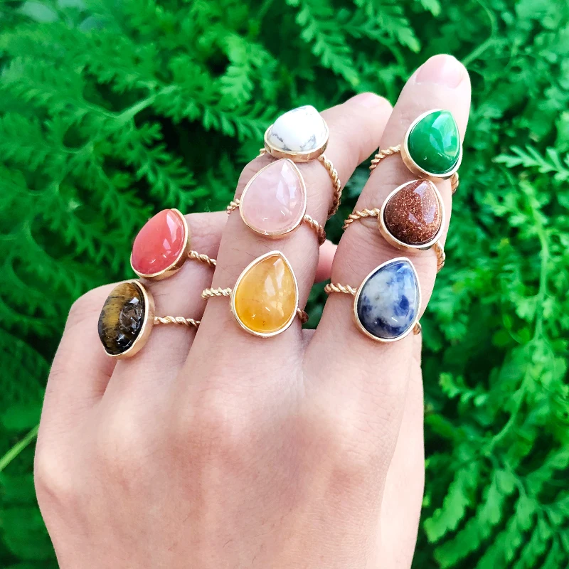 

SAY HELLO Boho Natural Stones Inlaid Rings for Women Geometric Water-drop Wedding Finger Rings Jewelry One Size US 7 Ringe K6655