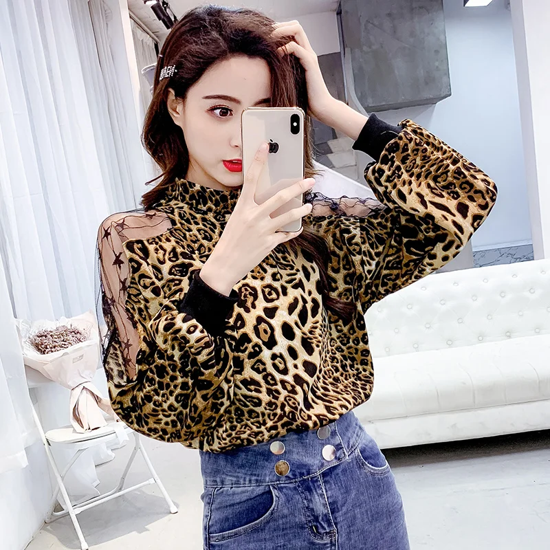 2019 T Shirt Women Ladies' tops High-necked collar Sexy leopard off shoulder top Casual Long Sleeve Tops Fashion | Женская одежда