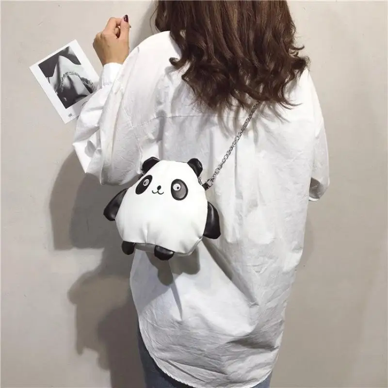 Cartoon Funny Personality Childlike Pu Panda Shoulder Bag Fashion Hit Color Cute Ugly Chain Messenger Bag