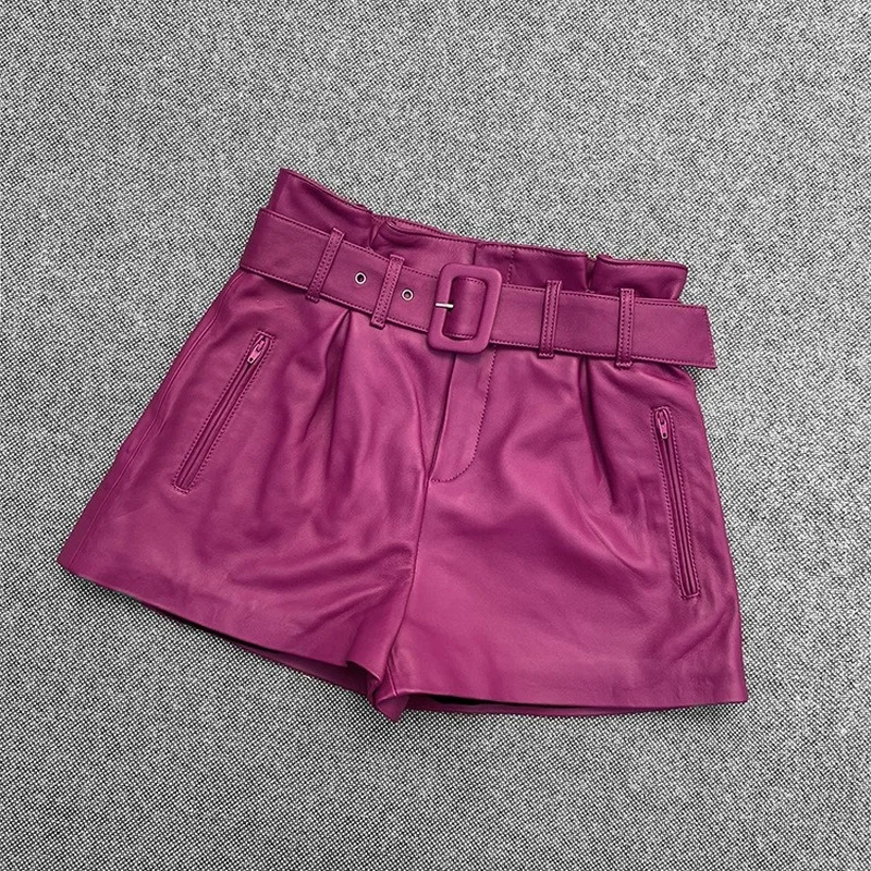 Autumn Spring Womens Shorts Casual Real Genuine Leather Short Black Feminino Sexy Party Fashion Streetwear Short Pants Clotes